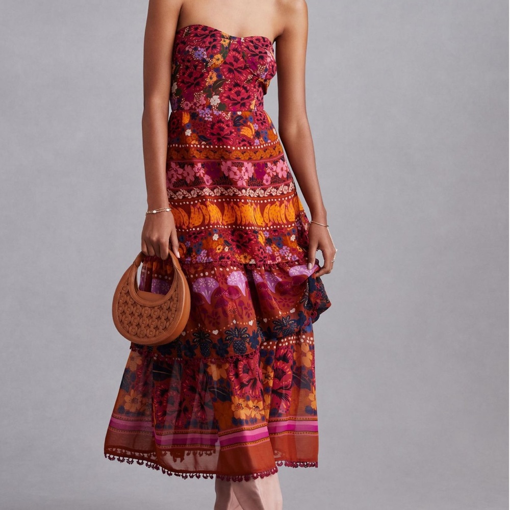 Farm Rio X Anthropologie Tiered Midi/Maxi Dress Strapeless Ruffle Pink Combo NWT